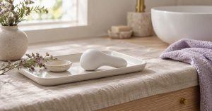 生成り色の布を敷いた淡い木目の洗面台に、白い陶器のトレーと、ブランド表示も操作画面もない無地の丸みのある白い小型の道具を置いた静物(イメージ)