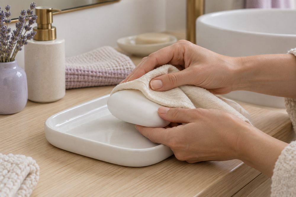 白い陶器のトレーに置いた、ブランド表示も操作画面もない無地の丸みのある白い小型の道具を、生成り色の柔らかな布でそっと拭く手元の寄り写真（イメージ）